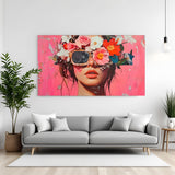 Female face modern art with glasses and floral elements on face in canvas wrapped frame with elegant artistic style