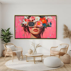 Female face floral modern canvas art with glasses in white floater frame ideal for aesthetic interiors