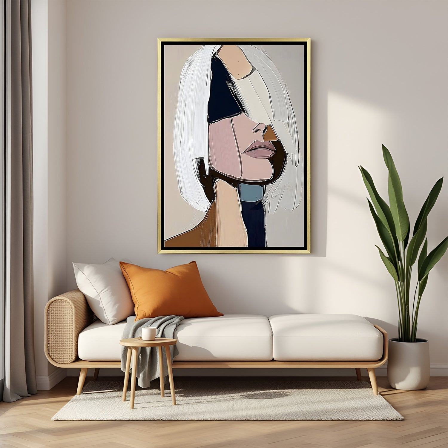Elegant abstract female portrait wall art with golden frame and soft color palette