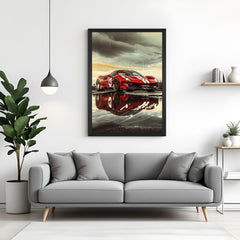 Black frame Ferrari 488 canvas in rainy weather, perfect for car lover interiors, modern offices, and dramatic wall decor
