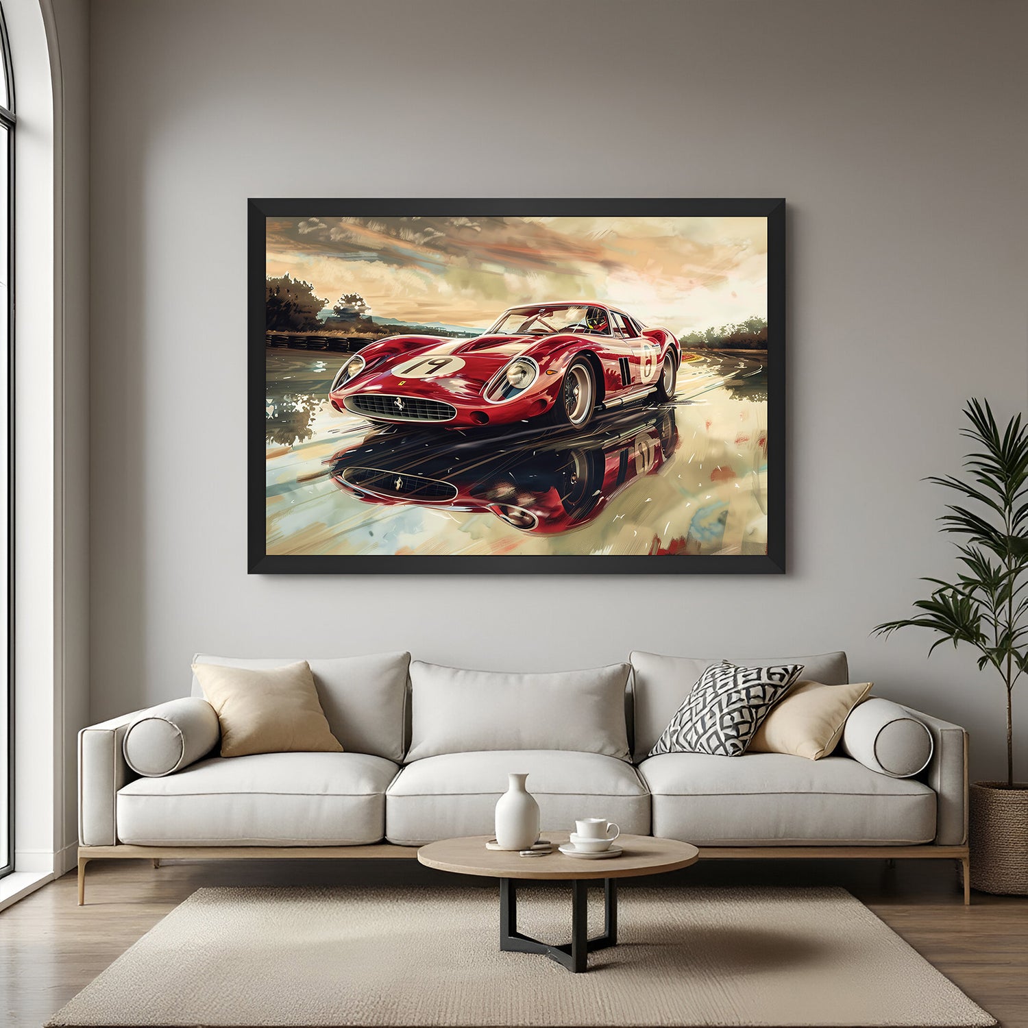 Black frame Ferrari canvas print in motion—ideal for automotive-themed rooms and racing enthusiasts