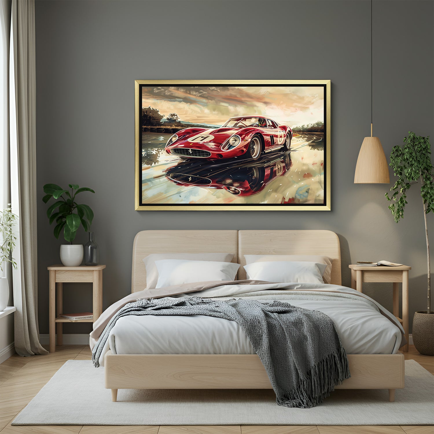 Golden frame Ferrari running wall art—high-performance sports car decor for premium interior settings