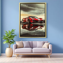 Golden frame Ferrari wall art featuring a rainy day scene, ideal for stylish decor, car-themed rooms, and premium spaces