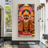 Canvas wrapped vertical artwork of Lord Jagannath in saffron attire with festive color backdrop and glowing diyas.