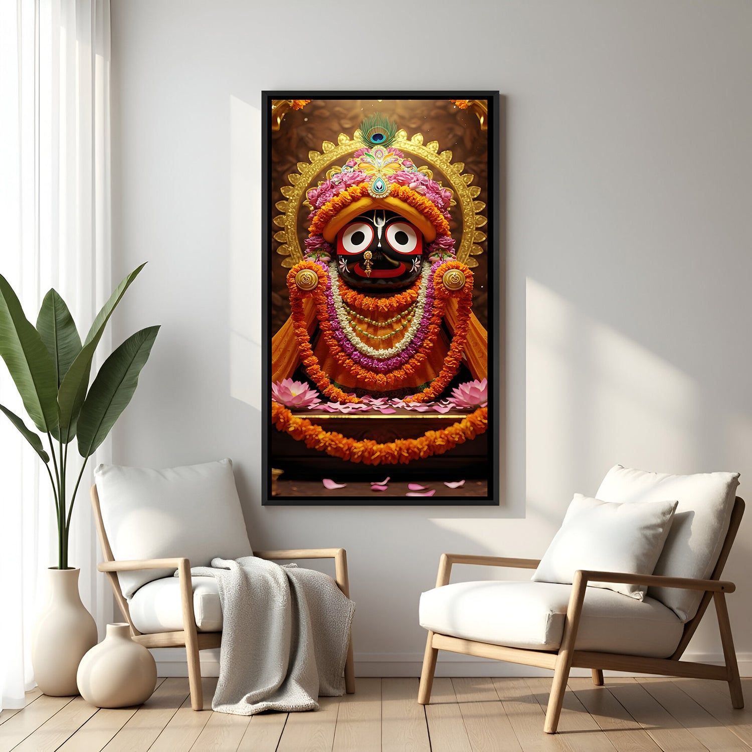 Lord Jagannath festive portrait in black floater frame featuring vibrant marigold malas and glowing golden backdrop.