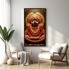 Lord Jagannath festive portrait in black floater frame featuring vibrant marigold malas and glowing golden backdrop.