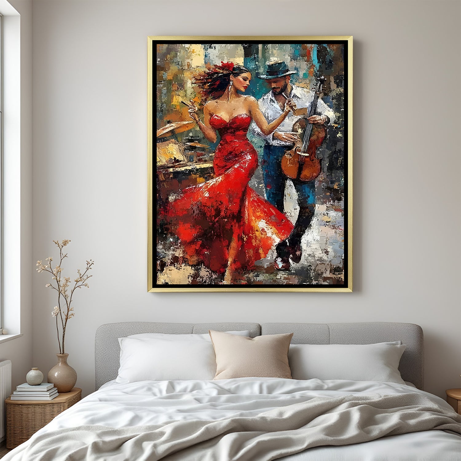 Fiery dance and music canvas wall art in golden floater frame showcasing luxury wall decor