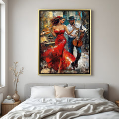 Fiery dance and music canvas wall art in golden floater frame showcasing luxury wall decor