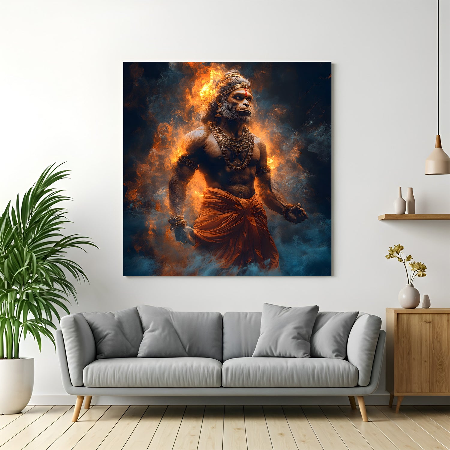 Fiery Hanuman Ji wall art printed on canvas-wrapped frame displayed above a modern grey sofa in a living room.