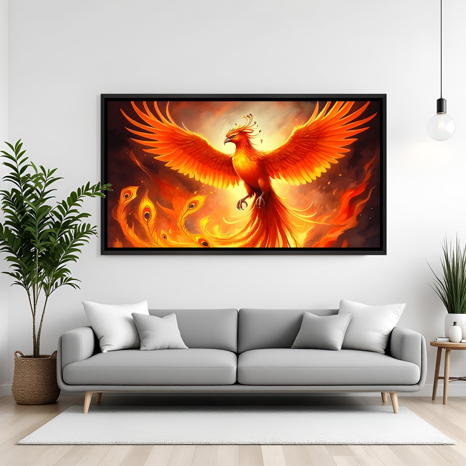 Dramatic phoenix panorama artwork in sleek black frame displayed above modern living room seating.