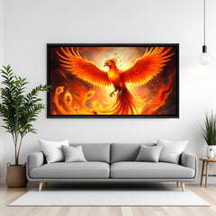 Dramatic phoenix panorama artwork in sleek black frame displayed above modern living room seating.