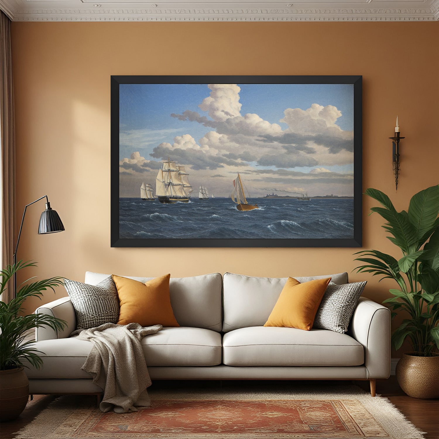 Black-framed canvas print of warships at sea—historical naval battle in vintage ocean style