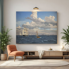 Vintage canvas wall art of fighter ships at sea—dramatic naval scene with choppy ocean and cloudy skies