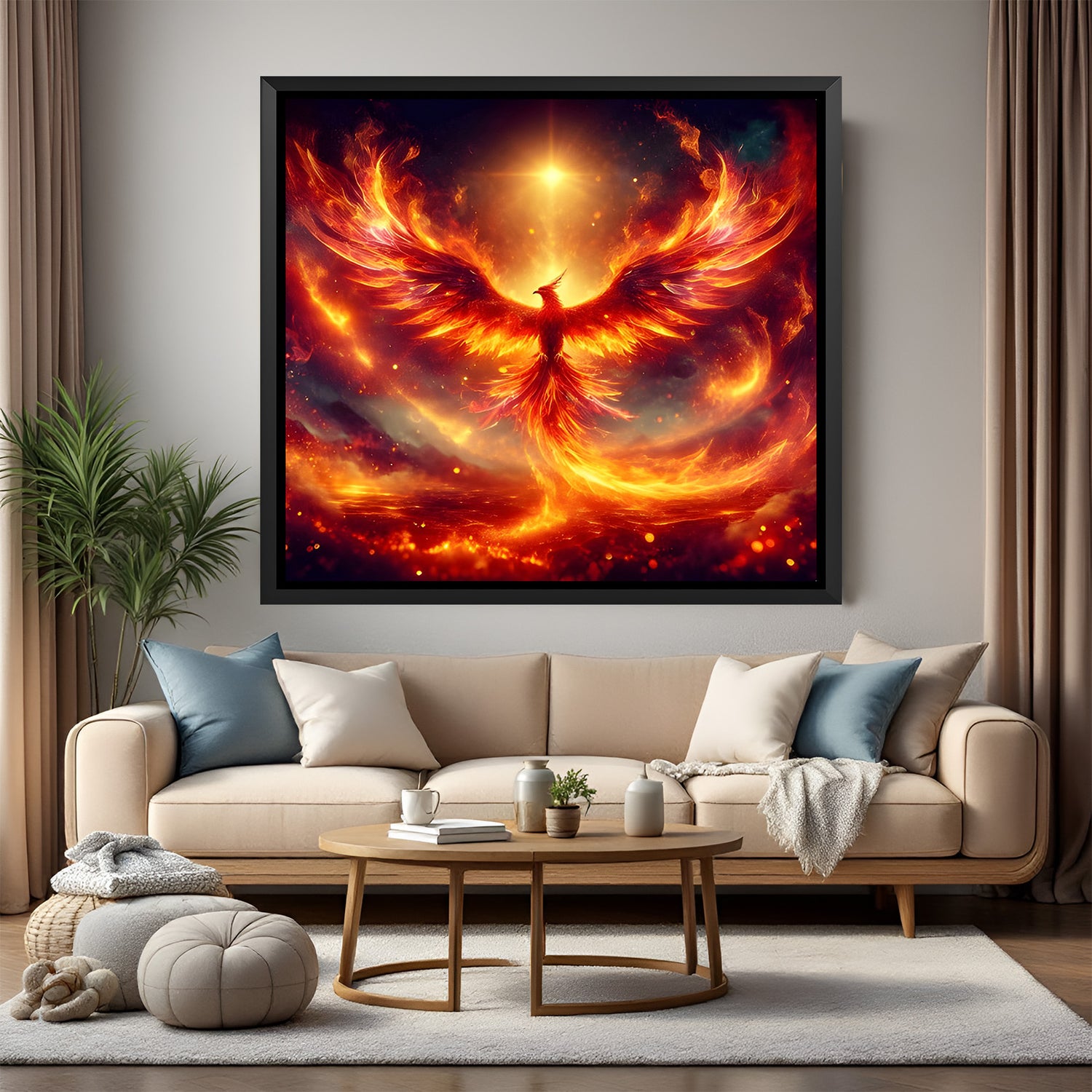 Luxury square fire phoenix artwork in black frame displayed above modern sofa.