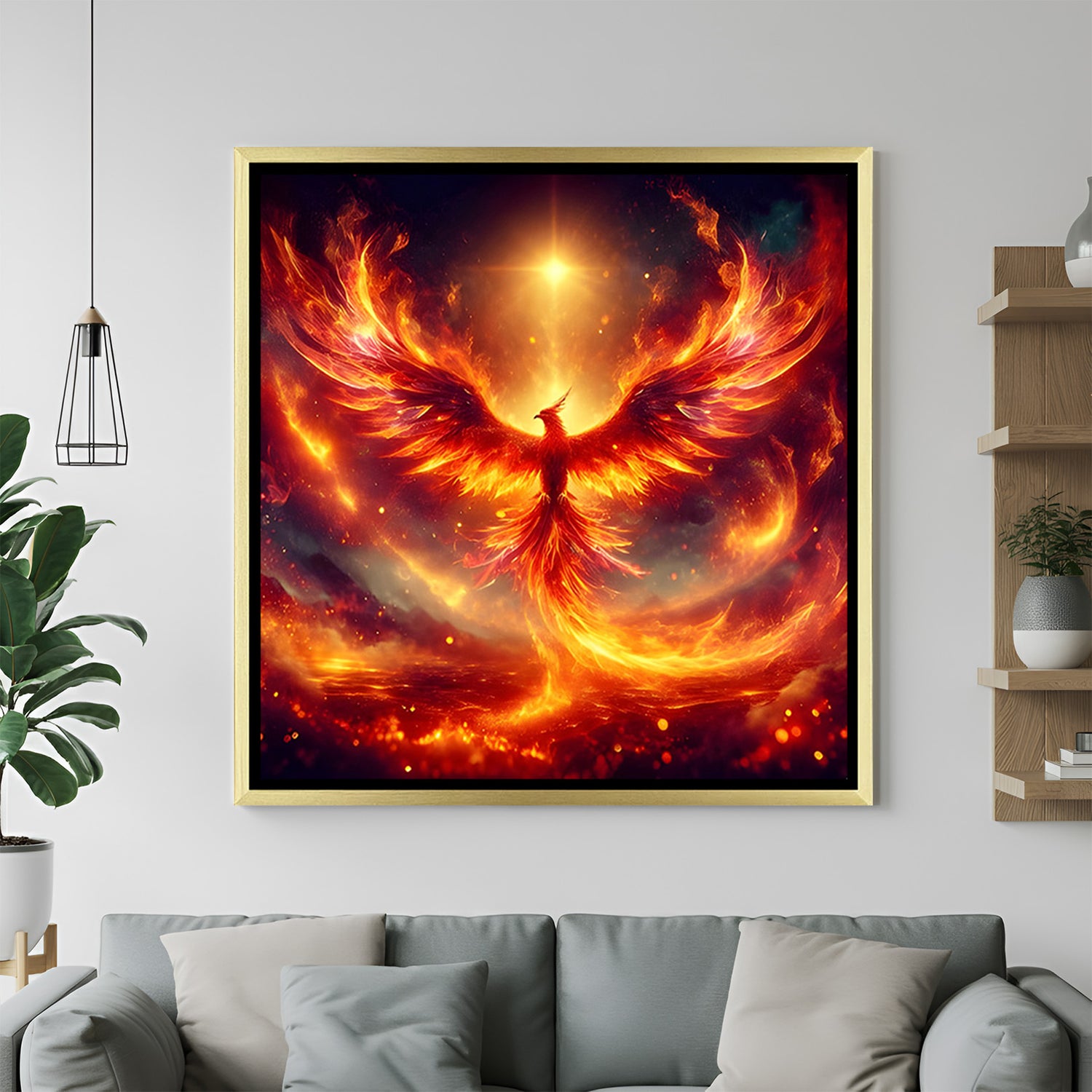 Elegant square phoenix wall art in gold frame featuring intense flames and radiant star.