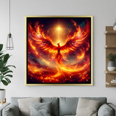 Elegant square phoenix wall art in gold frame featuring intense flames and radiant star.
