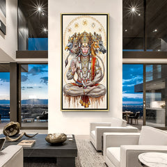 Fivefold Divine Guardian Panchmukhi Hanuman artwork in luxury golden floater frame