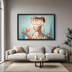 Stylish framed wall art of a woman with floral-covered eyes in black floater frame, showcasing modern art and feminine beauty for decor lovers.
