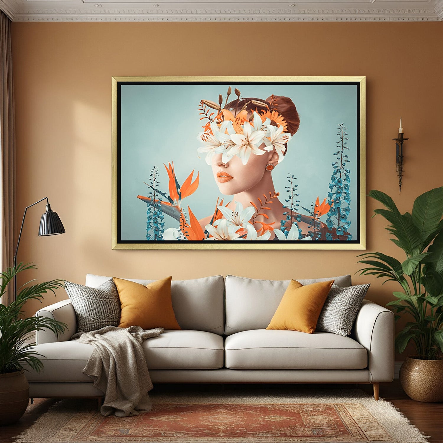 Golden floater frame canvas of beautiful woman with eyes hidden behind flowers, blending modern design and floral art for sophisticated interiors.