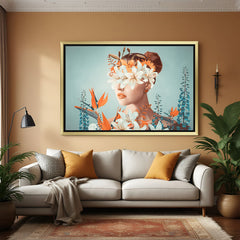 Golden floater frame canvas of beautiful woman with eyes hidden behind flowers, blending modern design and floral art for sophisticated interiors.