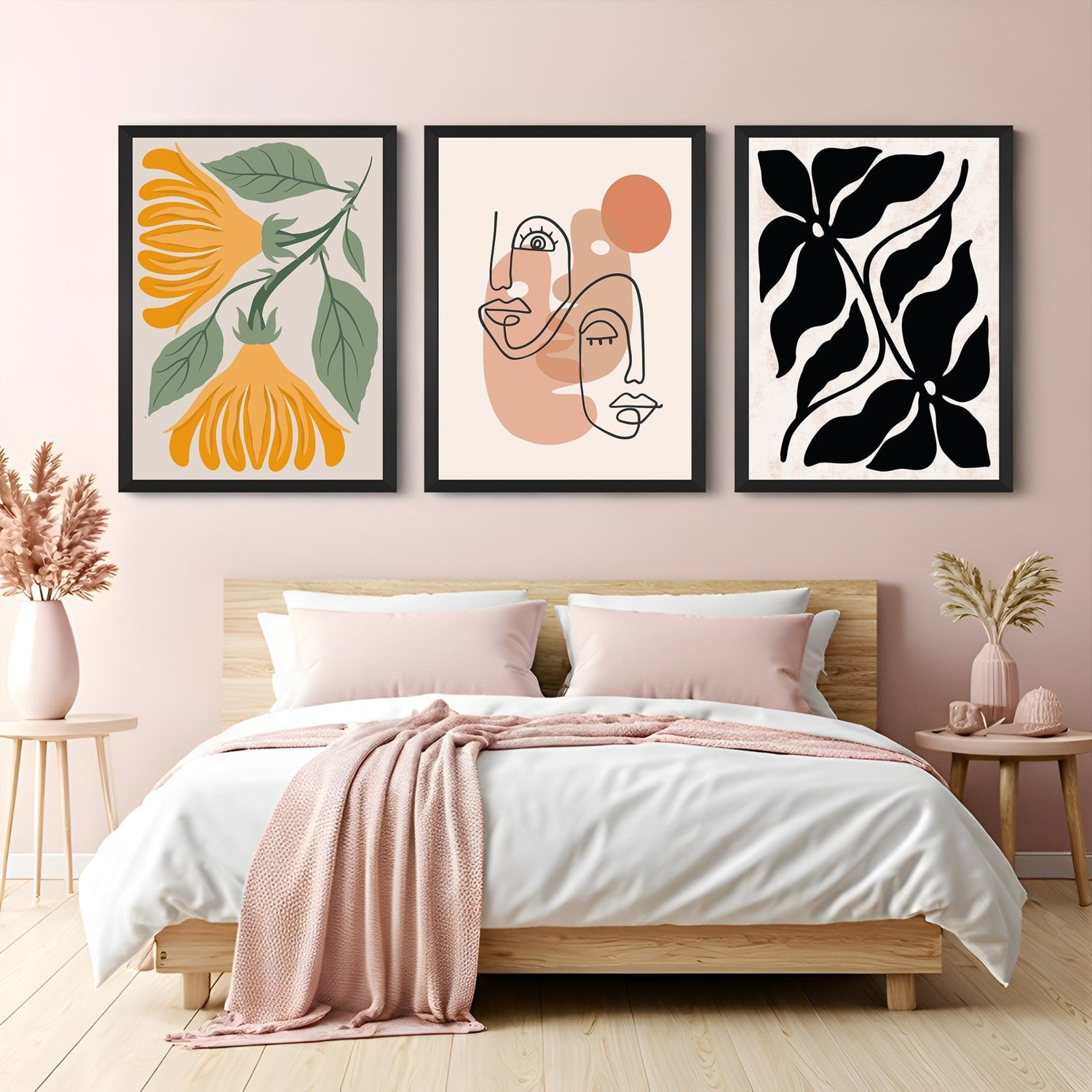Boho canvas wall art set with flower, minimalistic face sketch, and black color flower – for bold and calm modern interiors