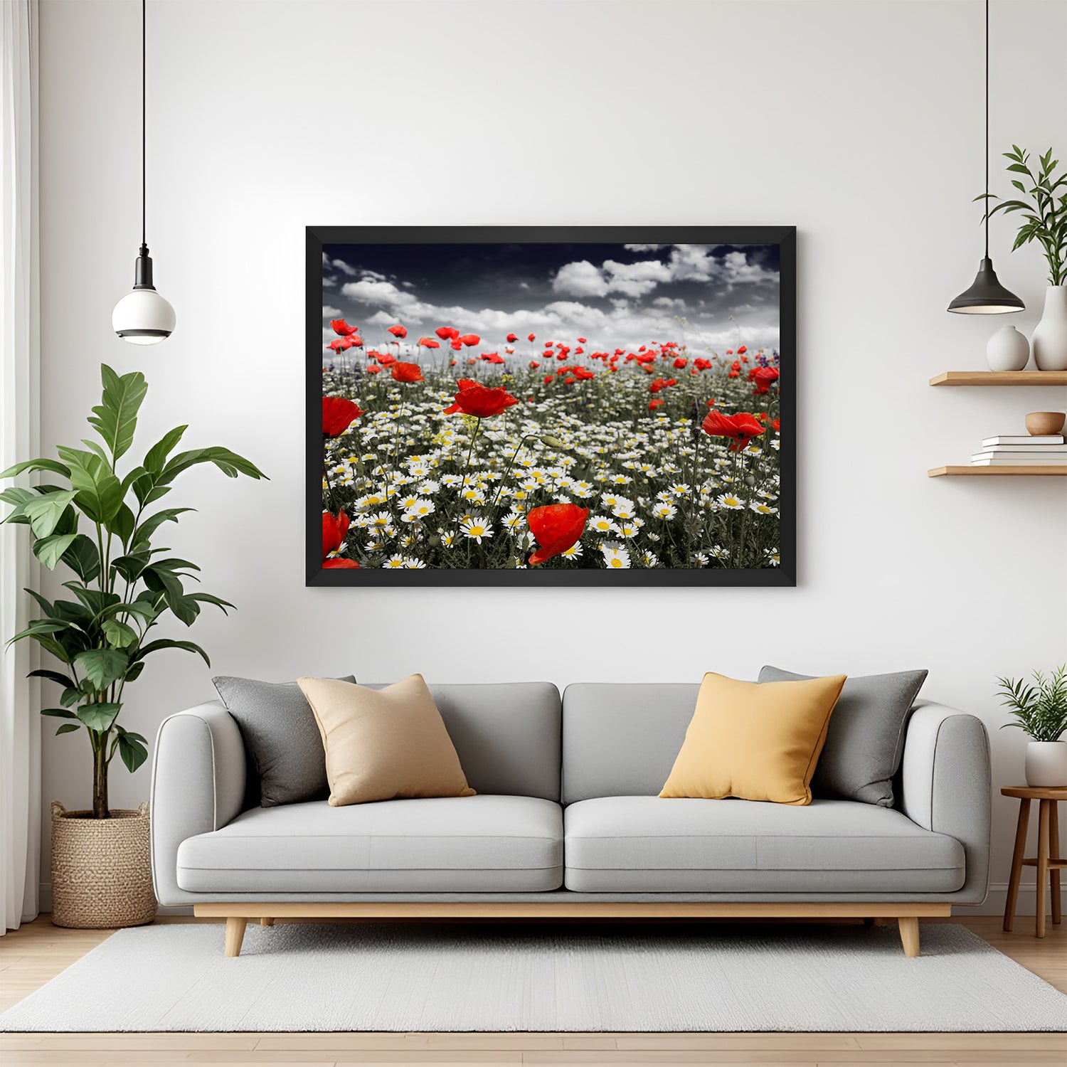 Framed canvas of a chamomile and rose flower meadow with a black floater frame, designed for calm and stylish interiors