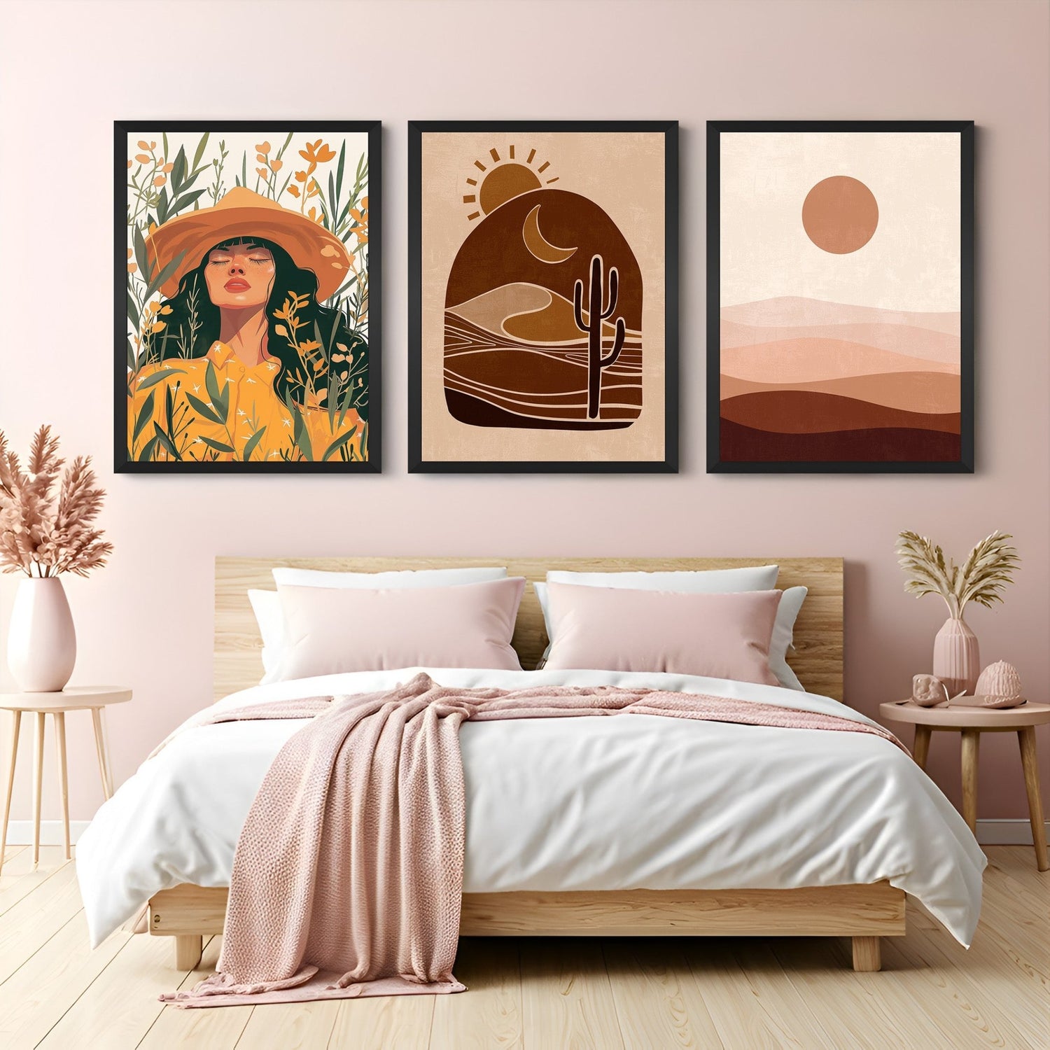 Set of 3 boho canvas prints with floral girl, celestial desert view in brown tones, and sun and sand artwork – ideal for modern boho homes