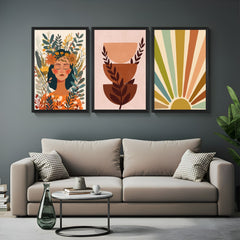 Set of 3 boho prints featuring expressive floral woman, minimal earth-tone semi-circles with leaves, and sun artwork with pastel/earthy rays