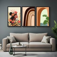 Set of 3 boho prints with feminine floral portrait, playful brown rainbow artwork, and architectural U-shaped arch scene – ideal for modern decor