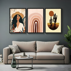 Set of 3 boho prints with bohemian hat girl, rainbow-like pastel artwork, and minimal desert scene – for warm modern boho home decor