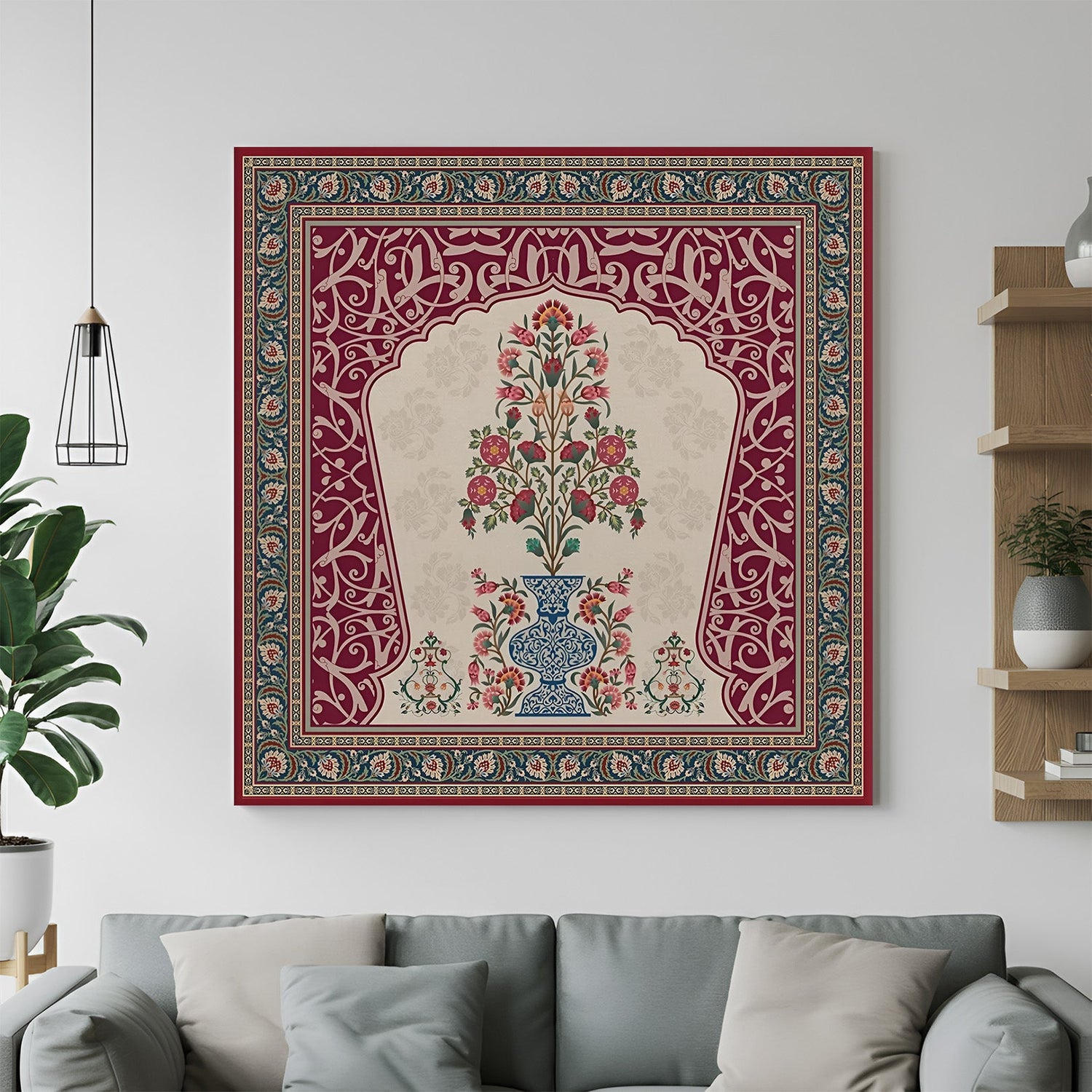 Floral Kalamkari canvas painting with intricate Indian motifs and earthy tones for traditional ethnic wall decor in home or office interiors