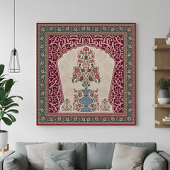 Floral Kalamkari canvas painting with intricate Indian motifs and earthy tones for traditional ethnic wall decor in home or office interiors