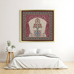Golden frame Kalamkari canvas wall art with blooming floral patterns and traditional Indian charm for artistic and elegant home wall decoration