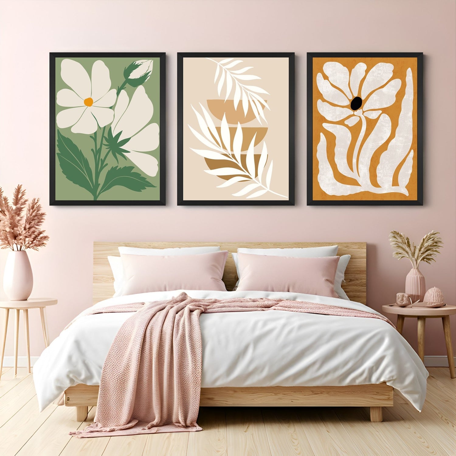 Bohemian wall art trio with floral prints and clean minimal lines – perfect for modern, calm, botanical interiors