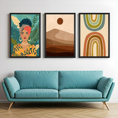 Set of 3 canvas prints with bohemian woman portrait, desert landscape, and minimal shapes in warm hues – perfect for earthy calm wall decor