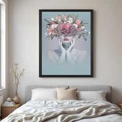 Black-framed canvas of a woman’s face partially transforming into flowers—artistic modern wall art blending feminine energy and floral design