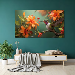 Canvas wall art showing a bird perched beside a flower, perfect for nature-inspired decor