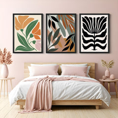 Bohemian canvas trio with flower artwork – floral-themed set of 3 perfect for bedrooms, living rooms, or cozy spaces