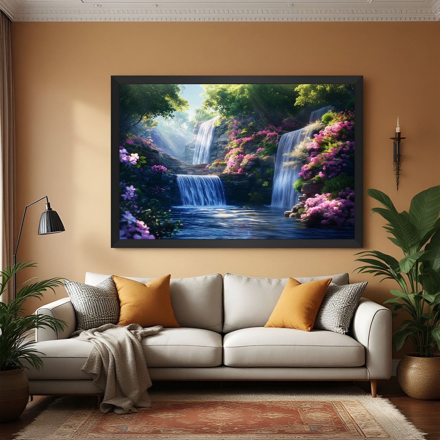 Black floater frame Vastu waterfall artwork bringing spiritual flow, wealth harmony, and relaxing energy into stylish modern interiors