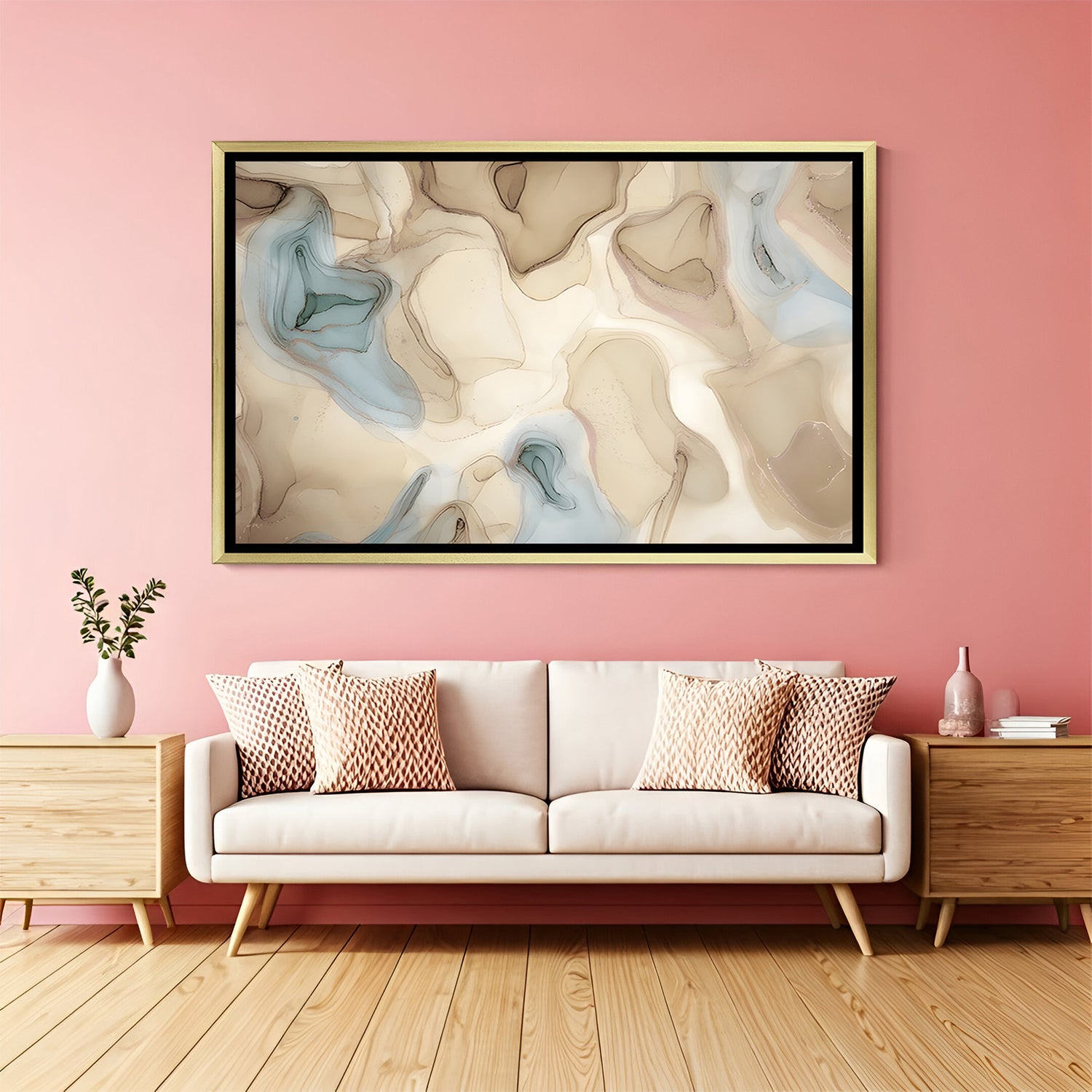 Elegant beige fluid abstract wall art with golden frame and marble texture