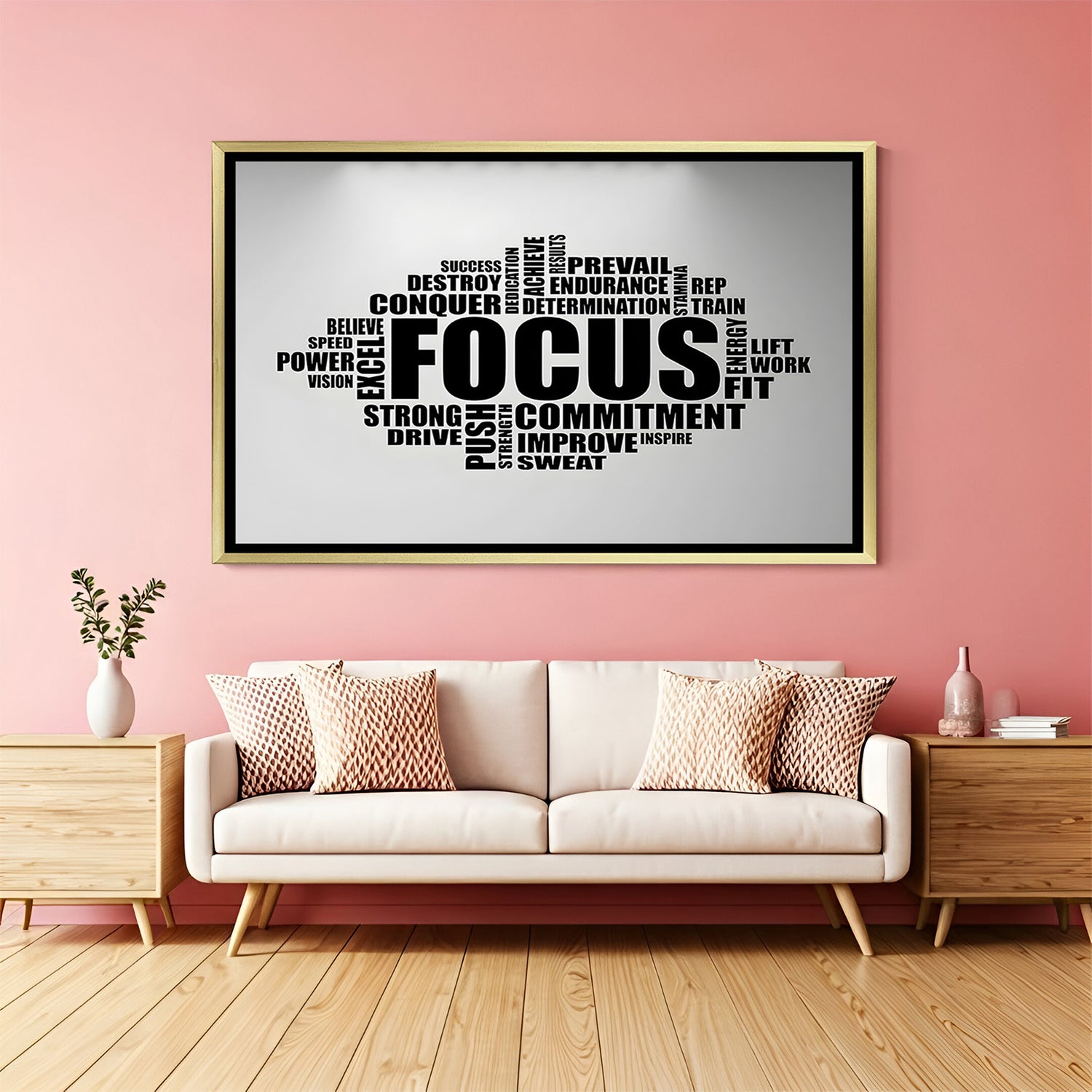Focus motivational typography artwork in golden floater frame luxury office wall decor