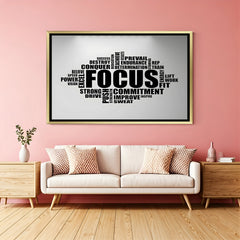 Focus motivational typography artwork in golden floater frame luxury office wall decor