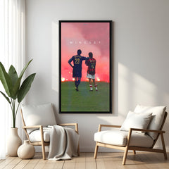 Football motivational wall art in black footer frame with burning field and Mindset quote