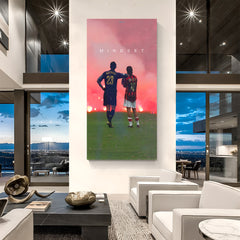 Two football players watching a burning football field, frameless canvas with Mindset motivational text