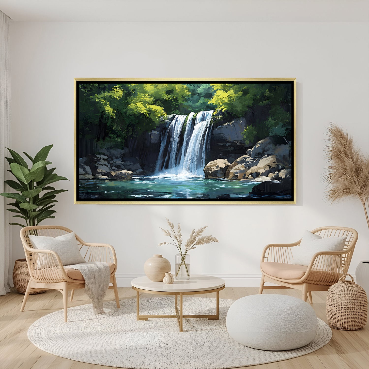 Forest waterfall black frame landscape wall art for living room