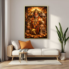 Fury of the Five Guardians Panchmukhi Hanuman artwork in luxury golden floater frame featuring fierce divine expressions