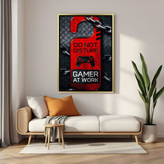 Gamer on Duty artwork in luxury golden floater frame featuring Do Not Disturb Gamer at Work gaming quote