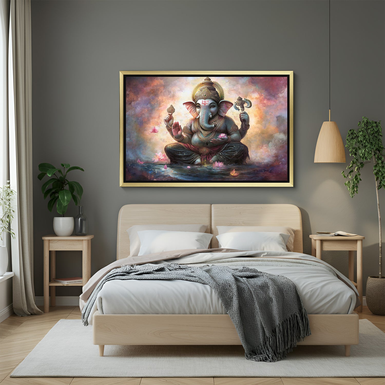 Golden frame auspicious Ganesh vastu artwork enhancing prosperity, clarity, and positivity in home or workspace