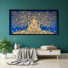 Hand-painted Ganesh Ji canvas wall art in black floater frame for home decor