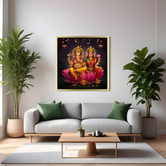 golden floater frame canvas painting of lord ganesha and maa laxmi for pooja room entrance or office vastu decor